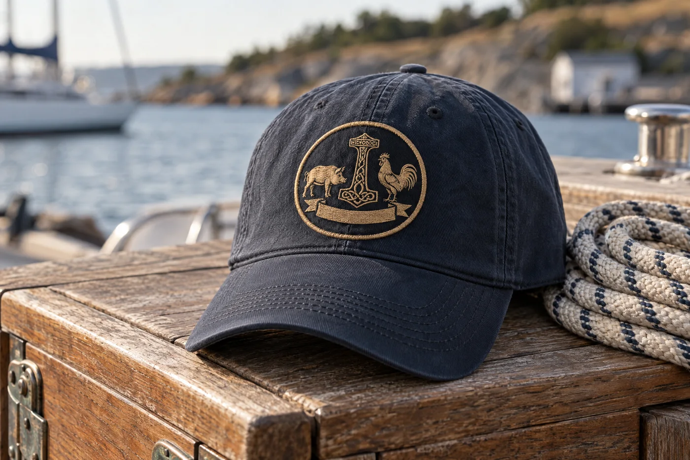 The Pig & Rooster crest embroidered in gold thread on the front of a navy cap resting on a teak dock box