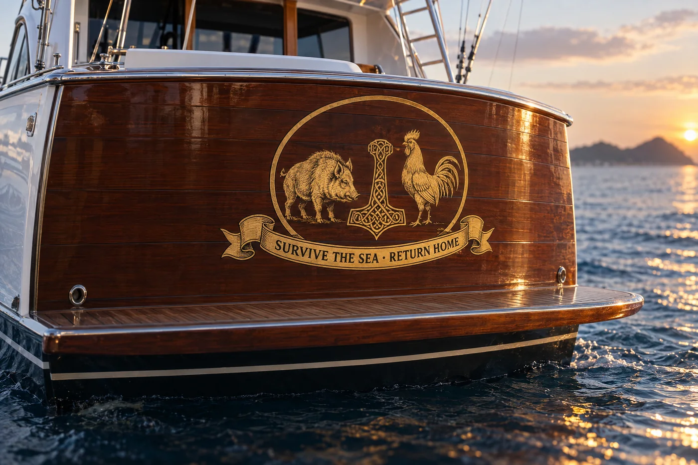 The Pig & Rooster crest painted in gold on a varnished teak transom, with a banner beneath reading Survive the sea. Return home.