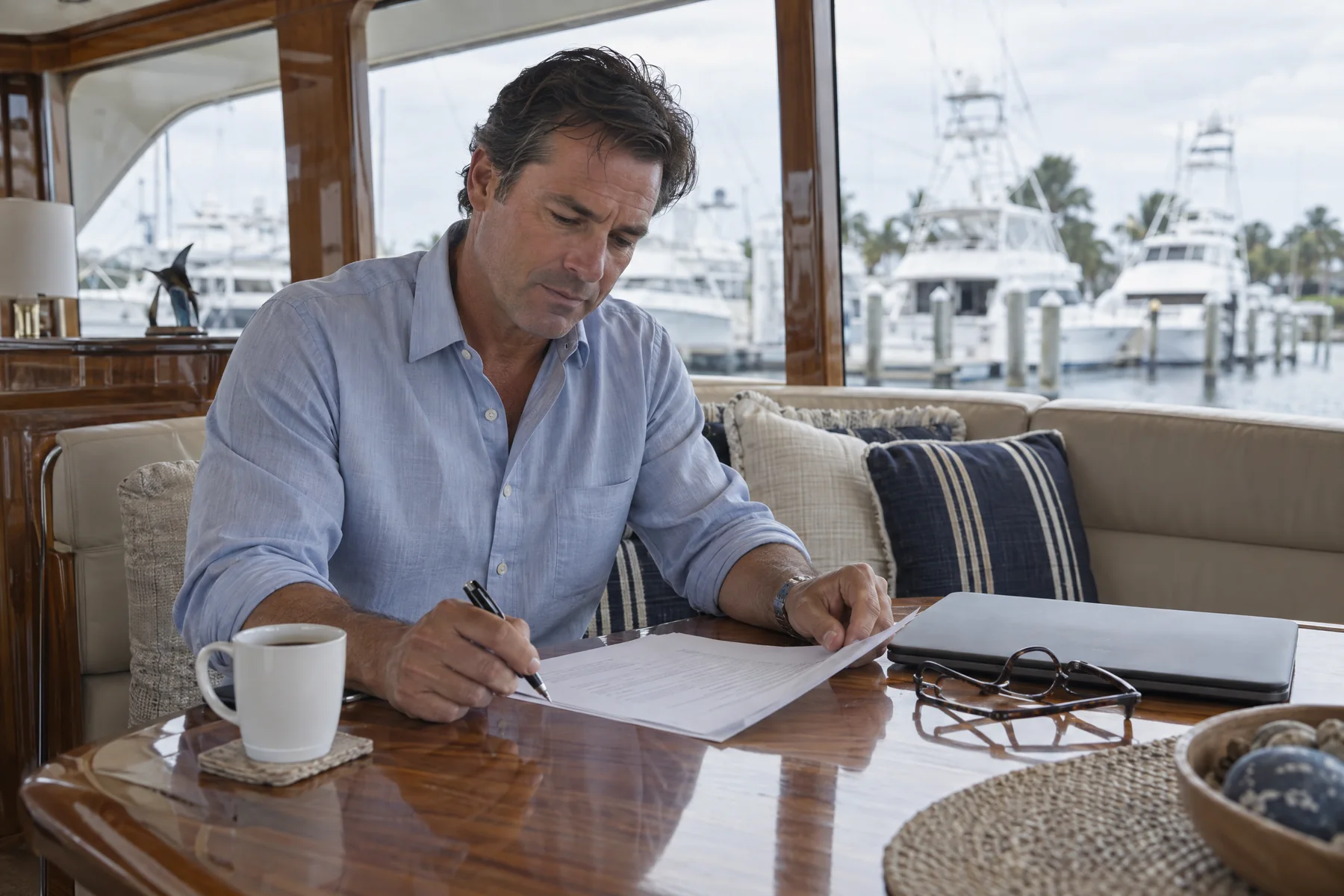 A man at the yacht's teak table reviewing a printed document, a laptop and glasses beside him and the marina through the salon windows