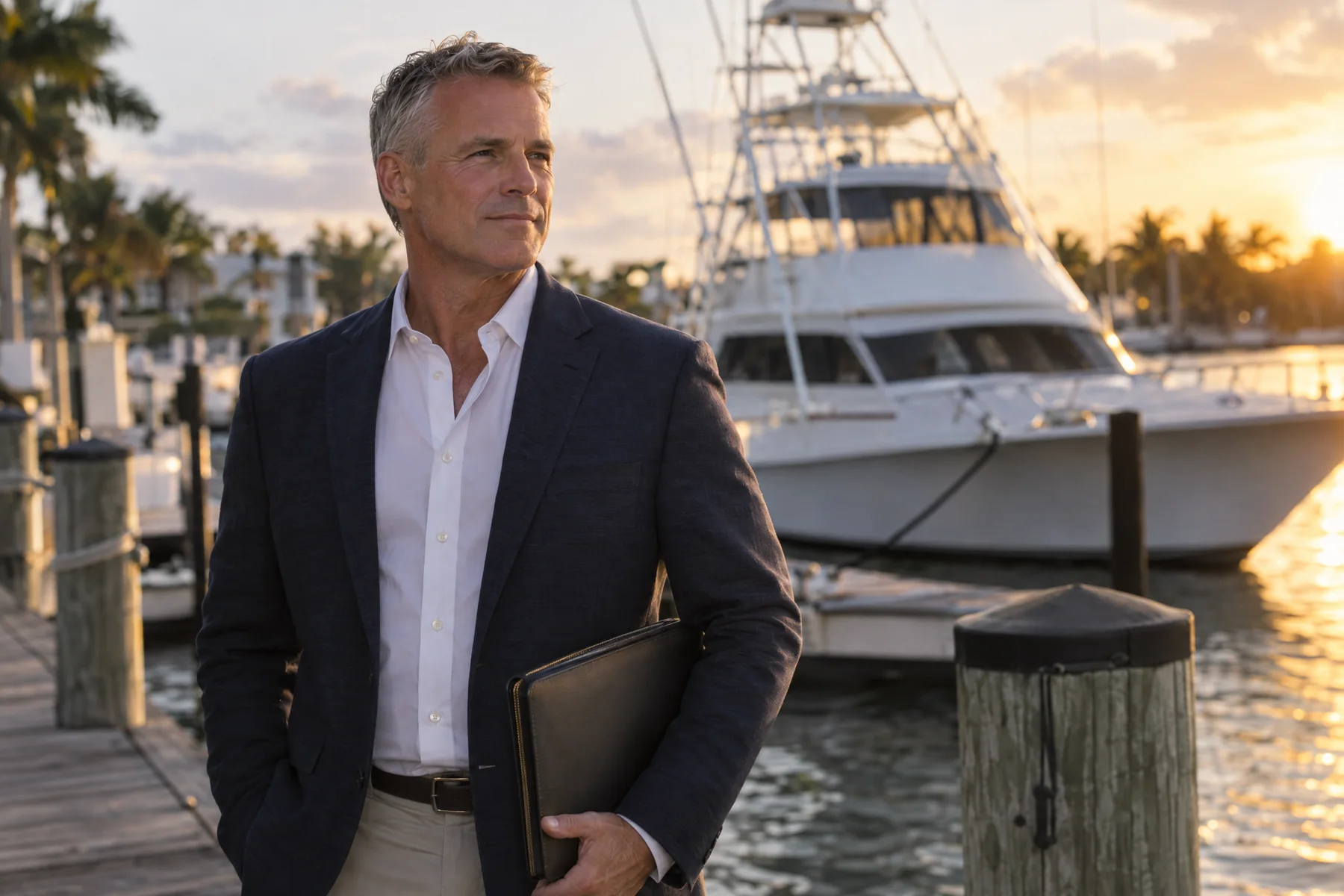 A man in a navy blazer on a marina dock at golden hour, a leather folder under his arm and a sportfish yacht moored behind him