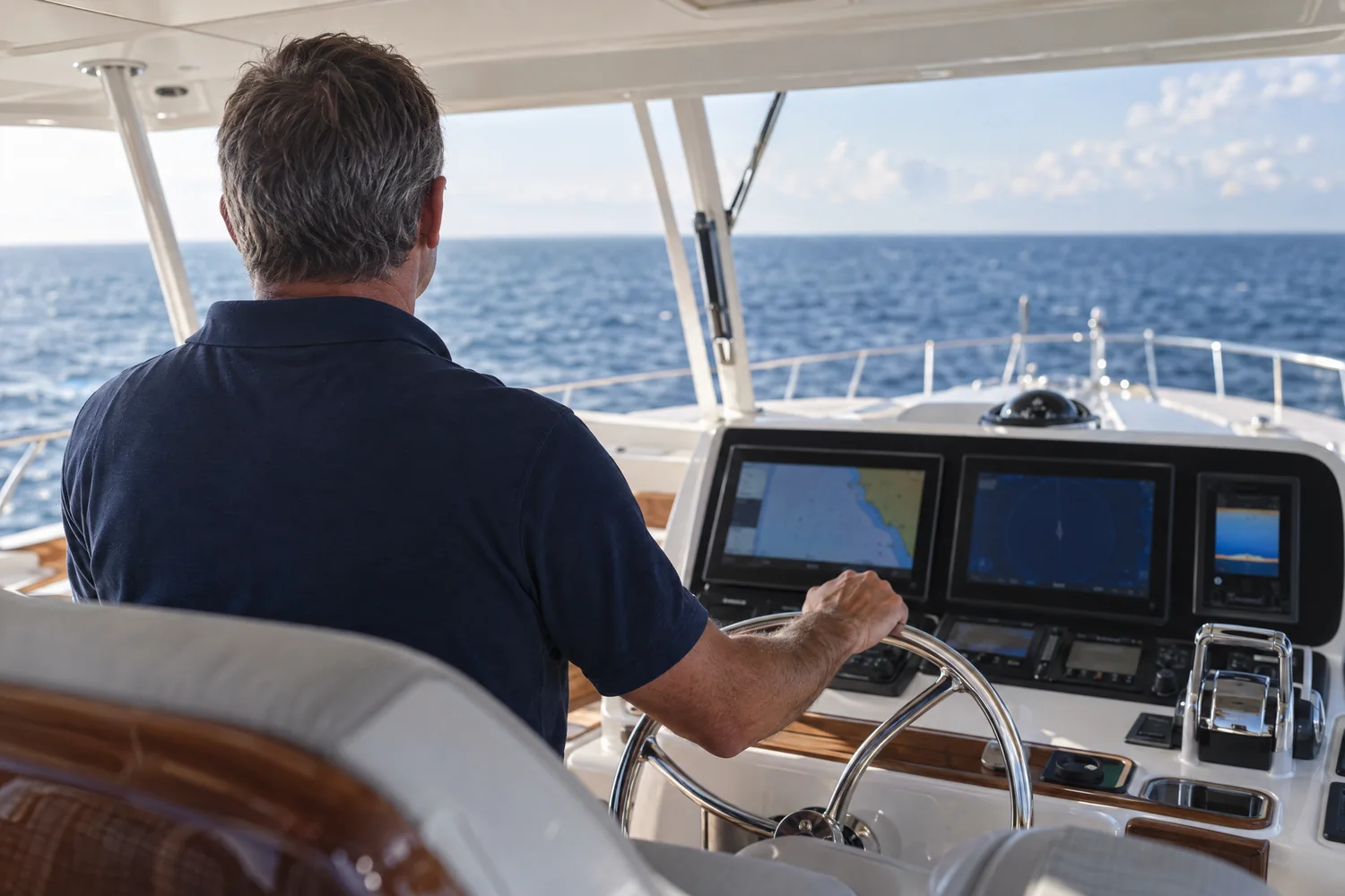 An owner at the helm of his own boat, both hands on the wheel with open water ahead