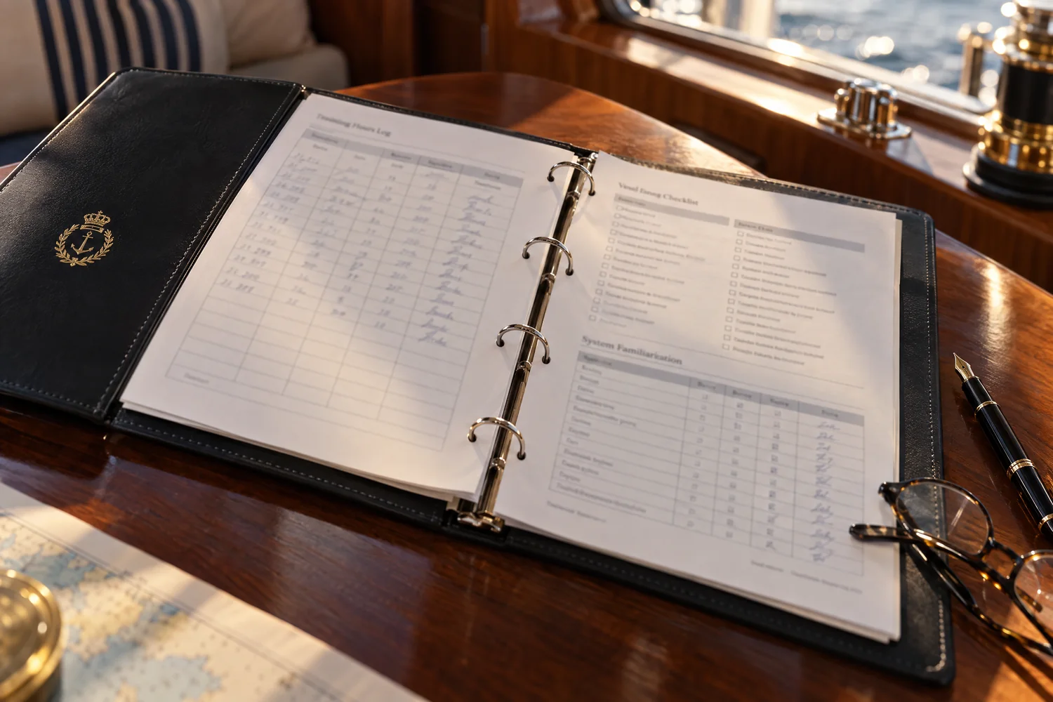 A training record open on a varnished table: logged hours, system-by-system notes and the vessel’s documents in one binder
