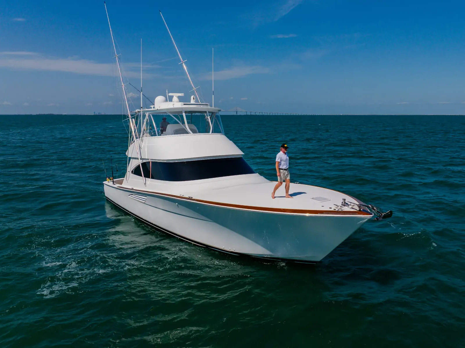 The foredeck of Mjolnir at rest, with the anchor windlass and the bow rail