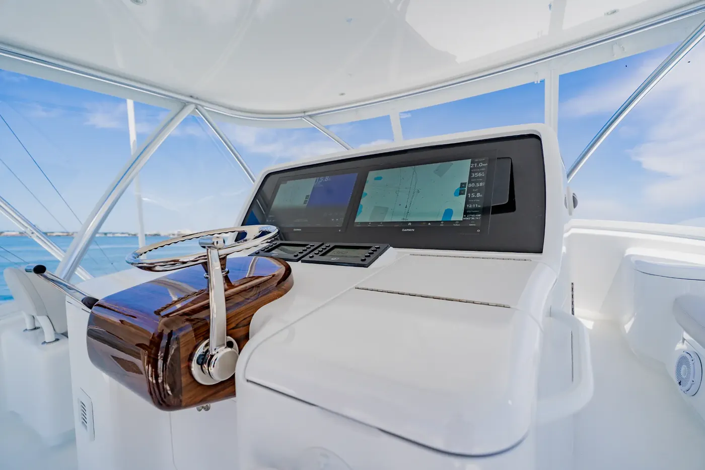 Twin helm chairs and the console on the flybridge