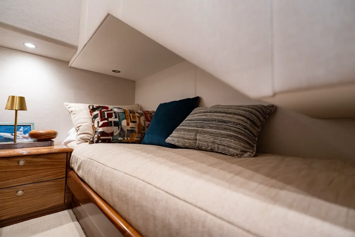 The guest cabin with twin berths and reading lights